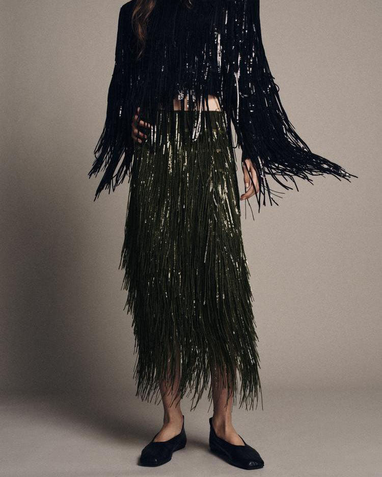 Gilded Fringe Sequin Midi Skirt