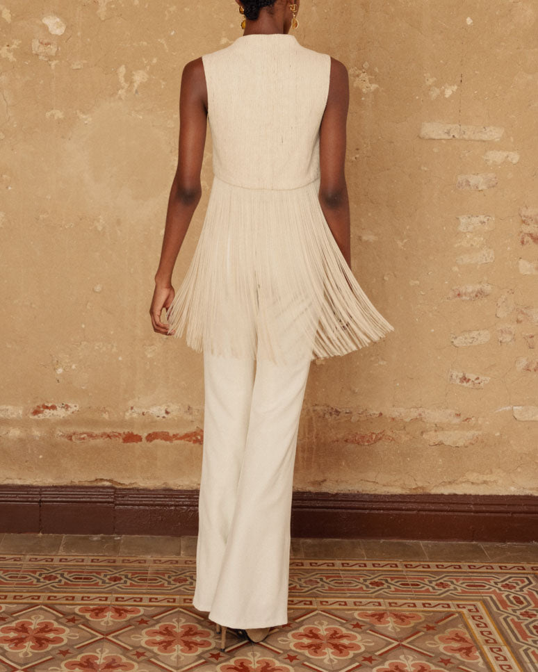 Cream Fringe Sleeveless Vest