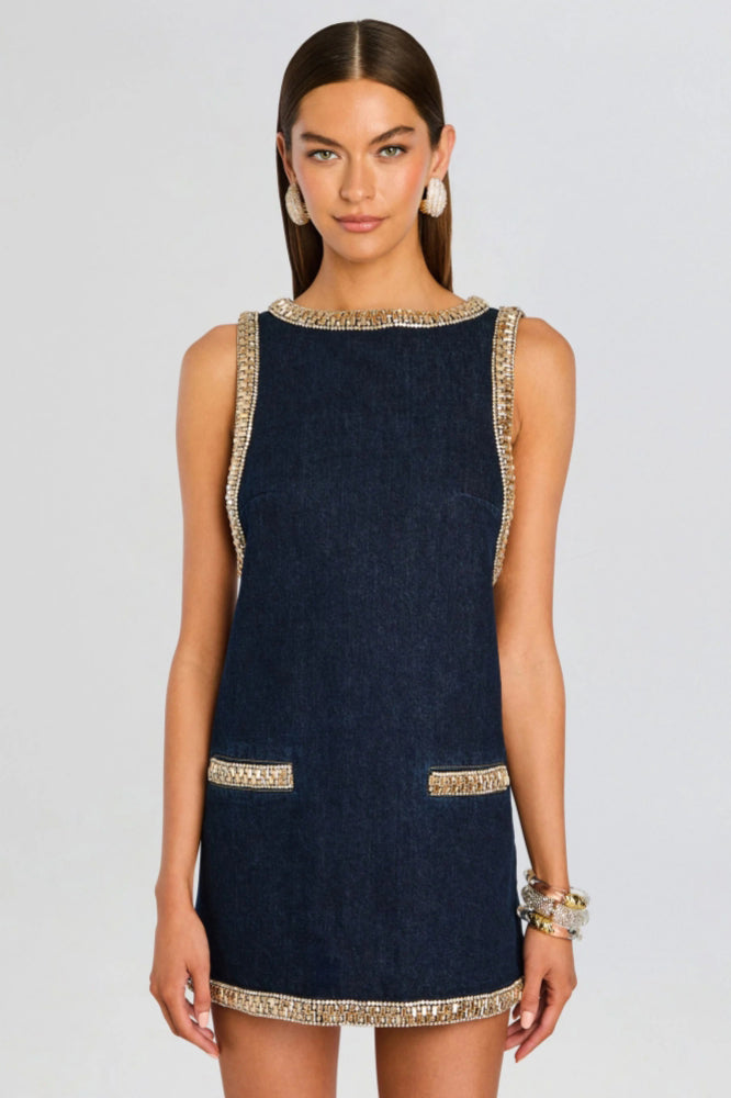 Valentina Crystal-Trim Denim Mini Dress