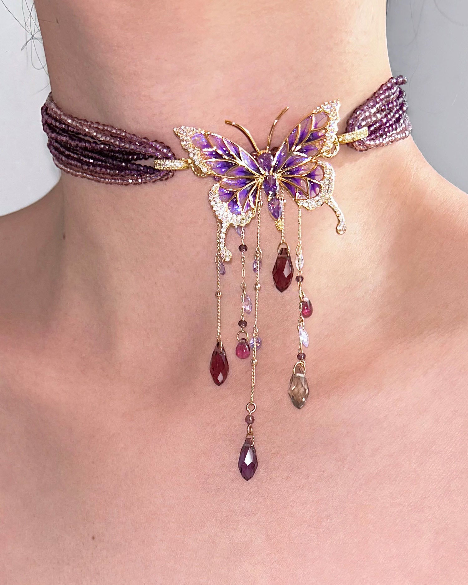 Purple Beaded Butterfly Crystal Tassel Choker Necklace