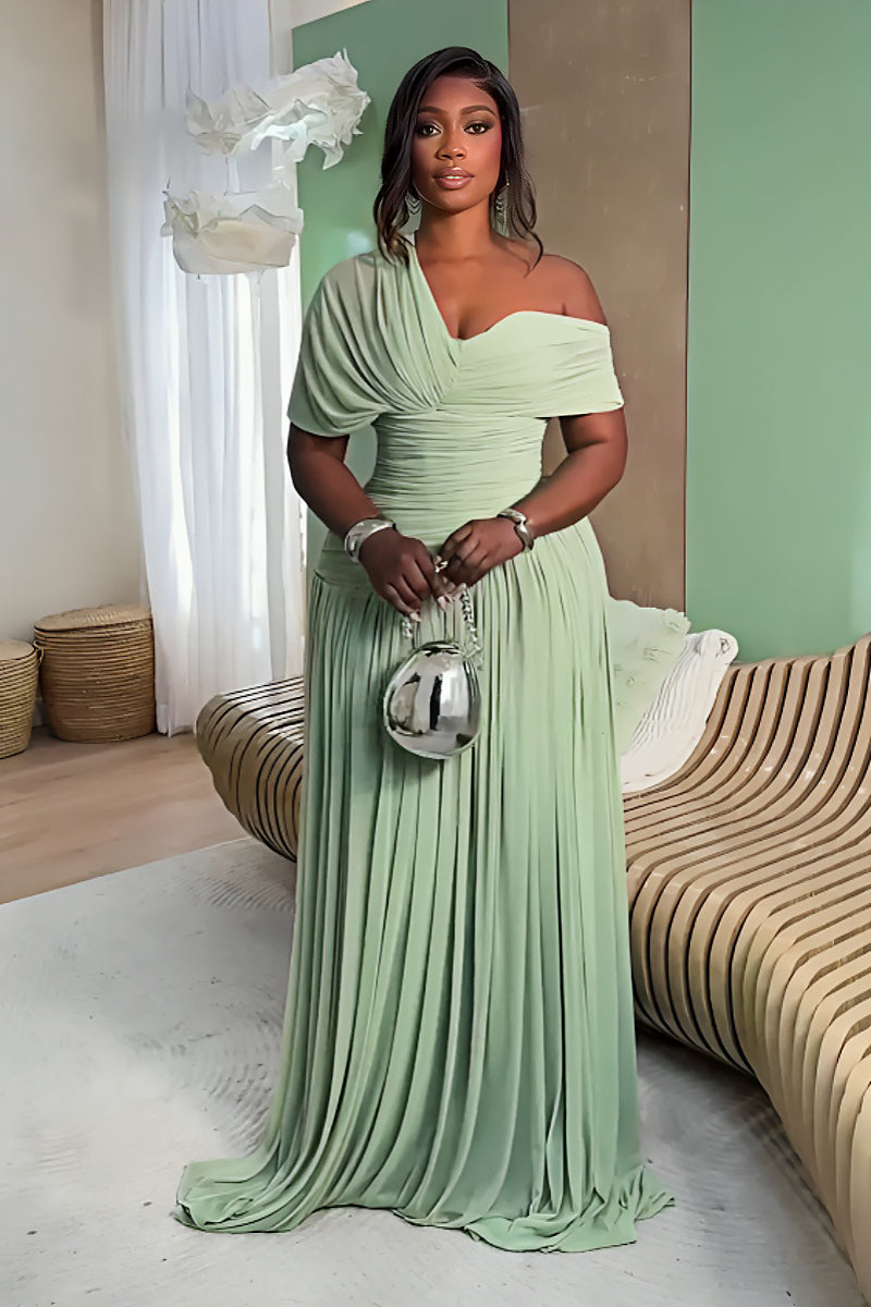 Elara Mint Whisper Ruched Maxi Gown