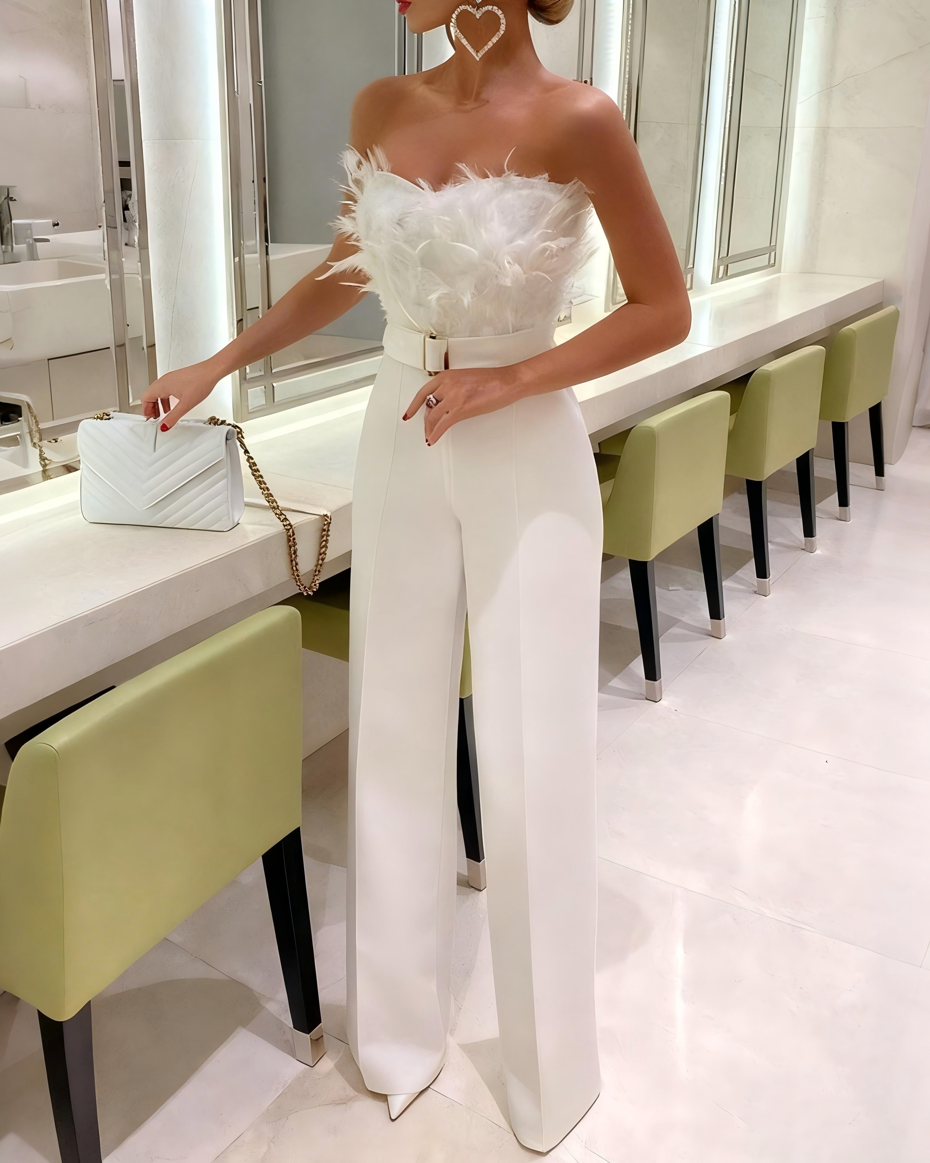 Off Shoulder Feather Splice Straight Leg Jumpsuit