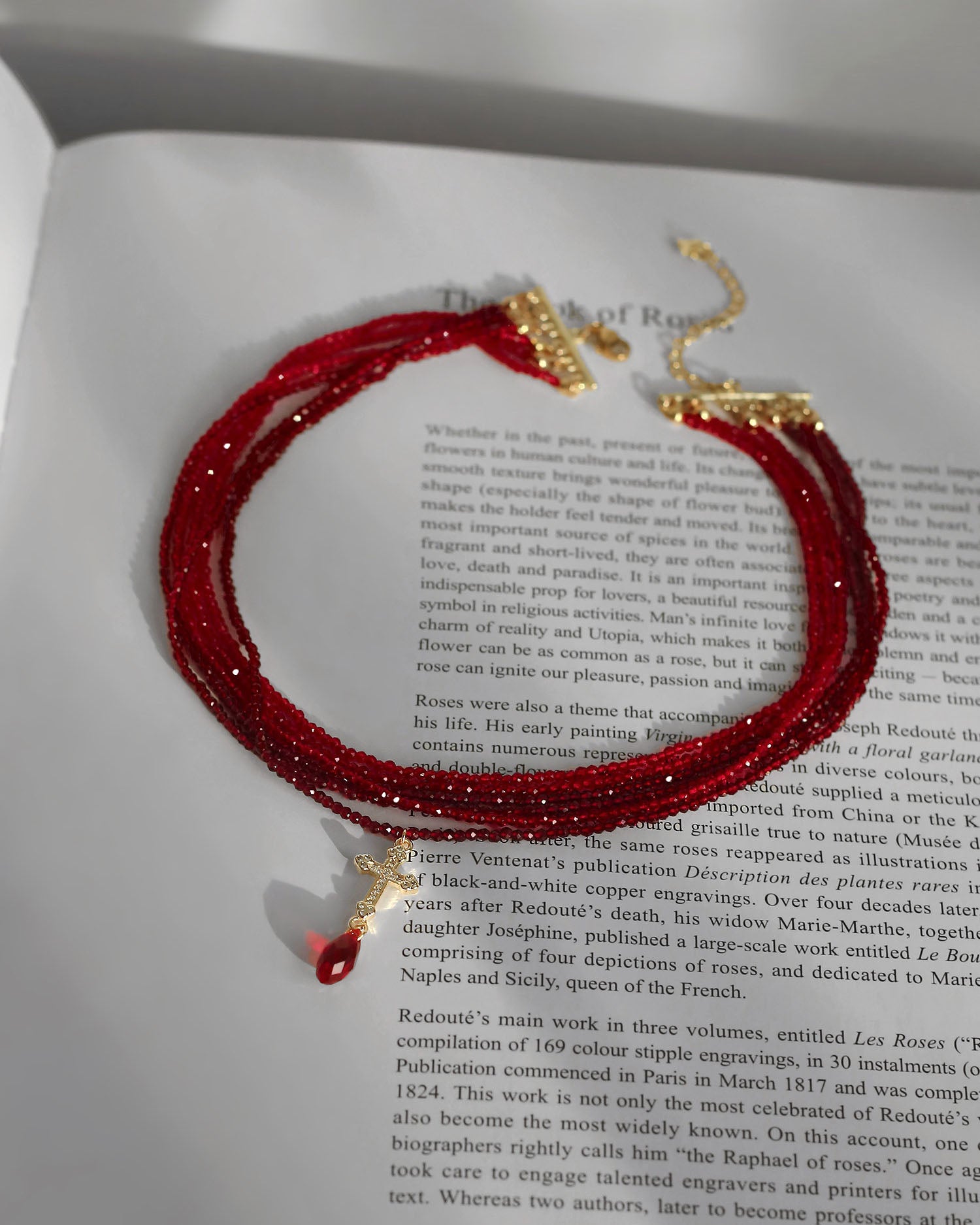 Multi Strand Red Bead Cross Teardrop Crystal Choker Necklace