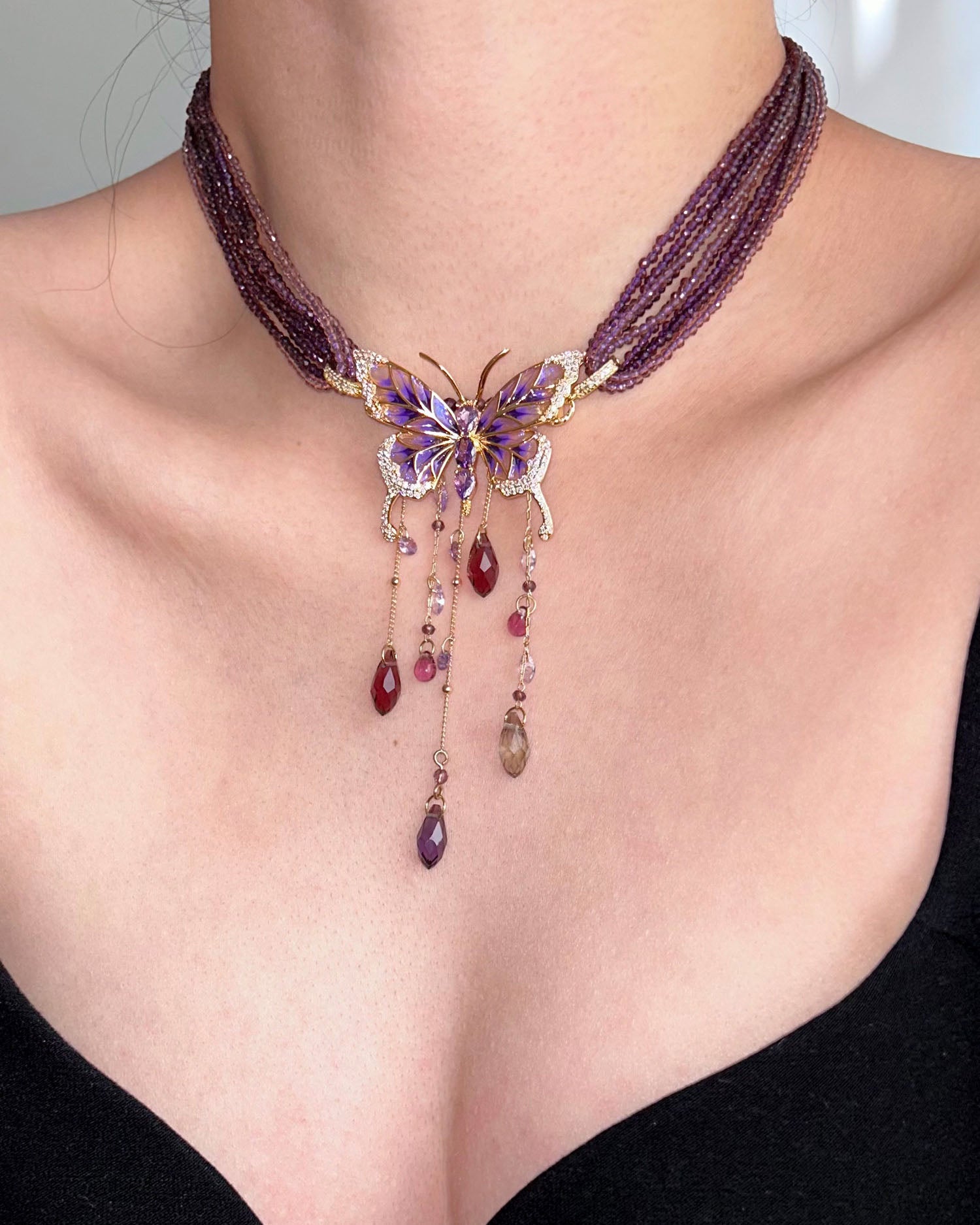 Purple Beaded Butterfly Crystal Tassel Choker Necklace