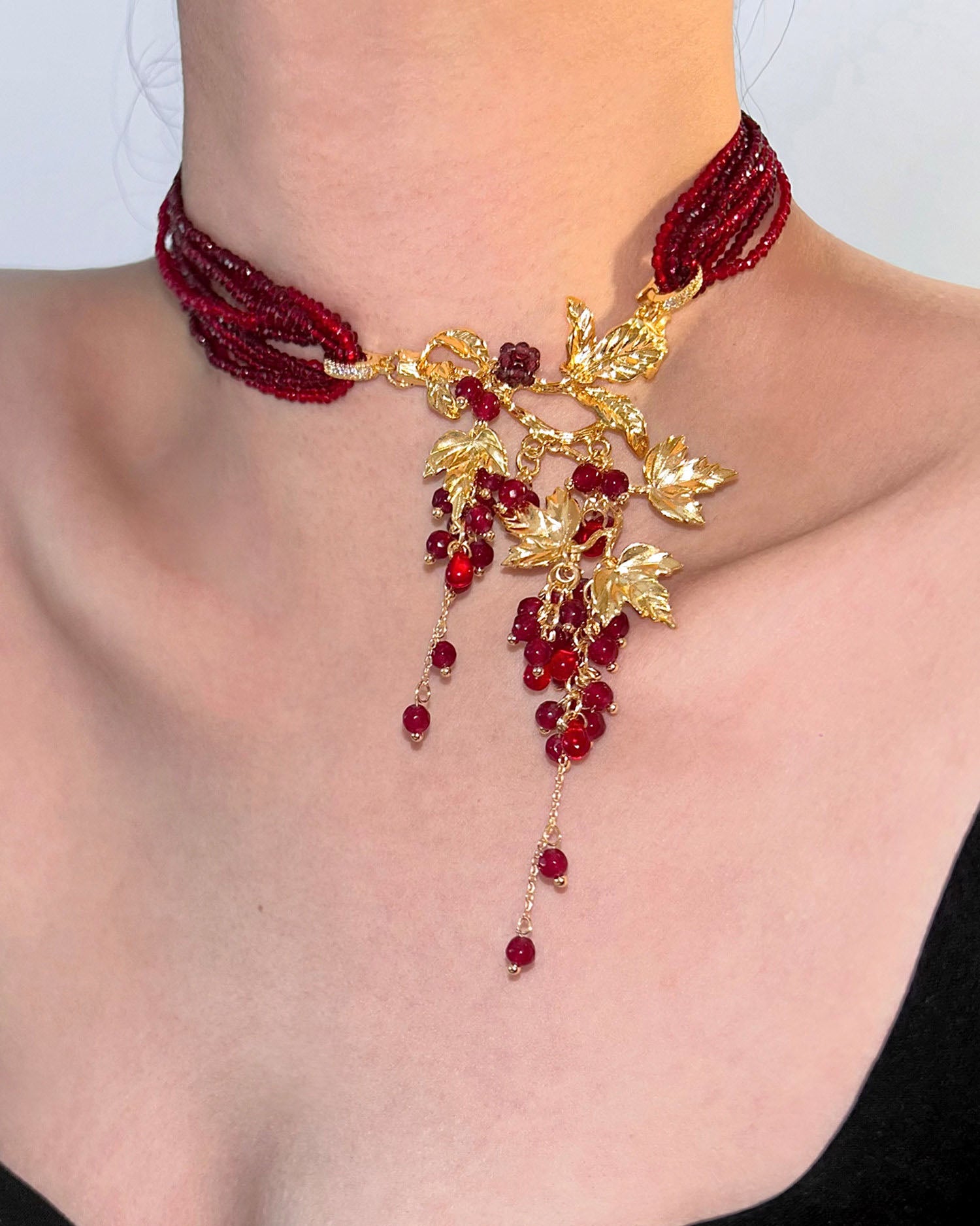 Beaded Gold Grape Leaf Tassel Choker Necklace