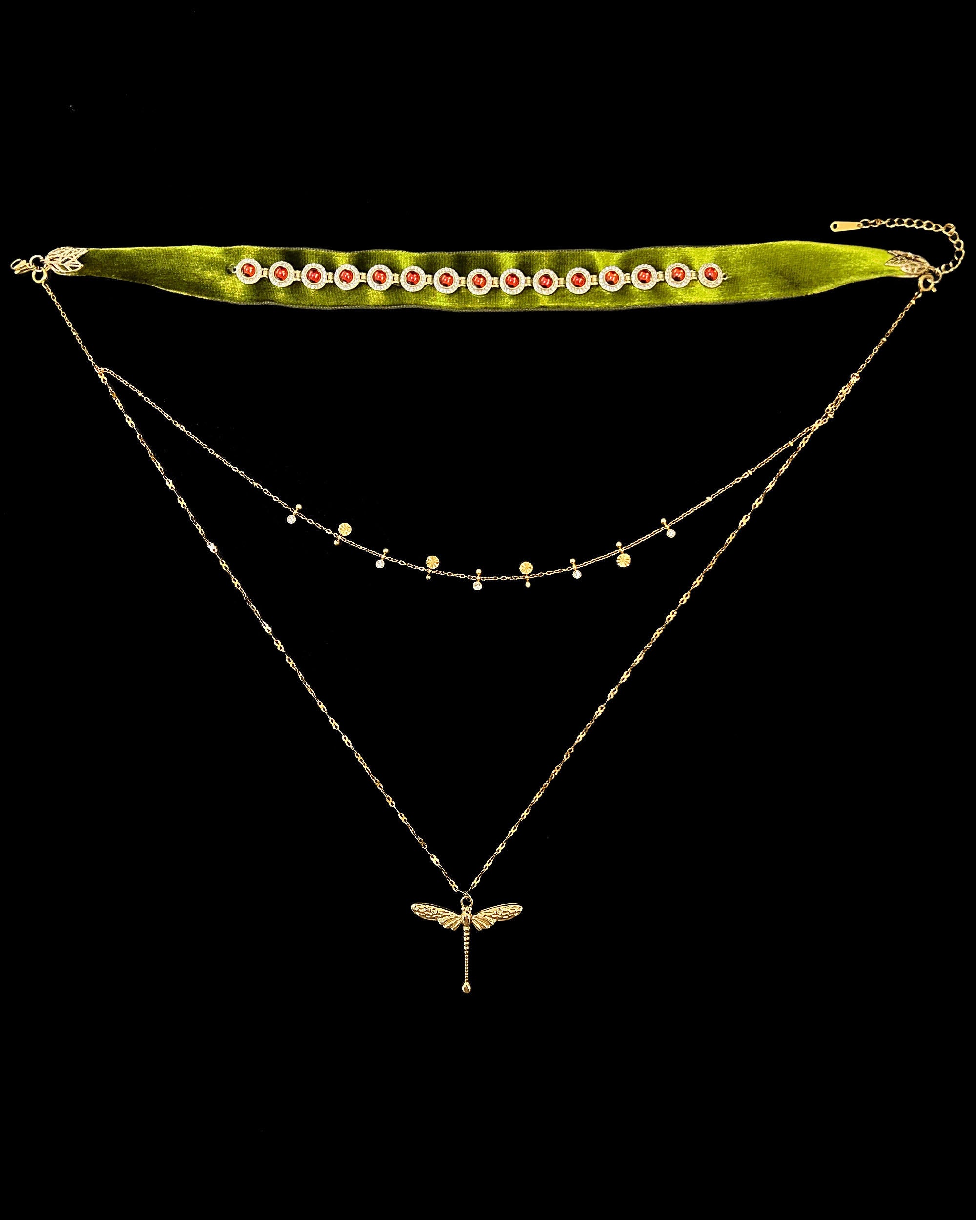 Olive Green Velvet Choker Multi Layer Gold Dragonfly Cross Necklace Set