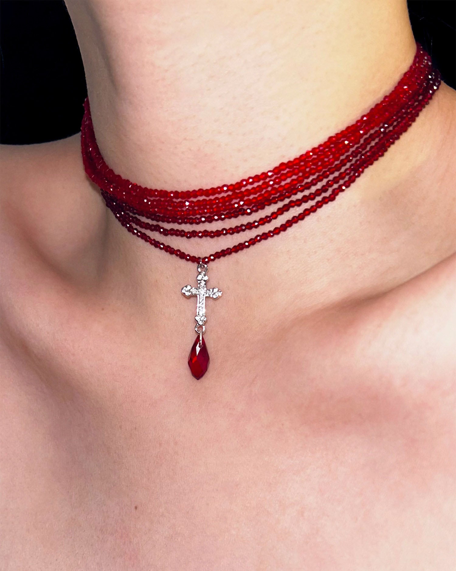 Multi Strand Red Bead Cross Teardrop Crystal Choker Necklace