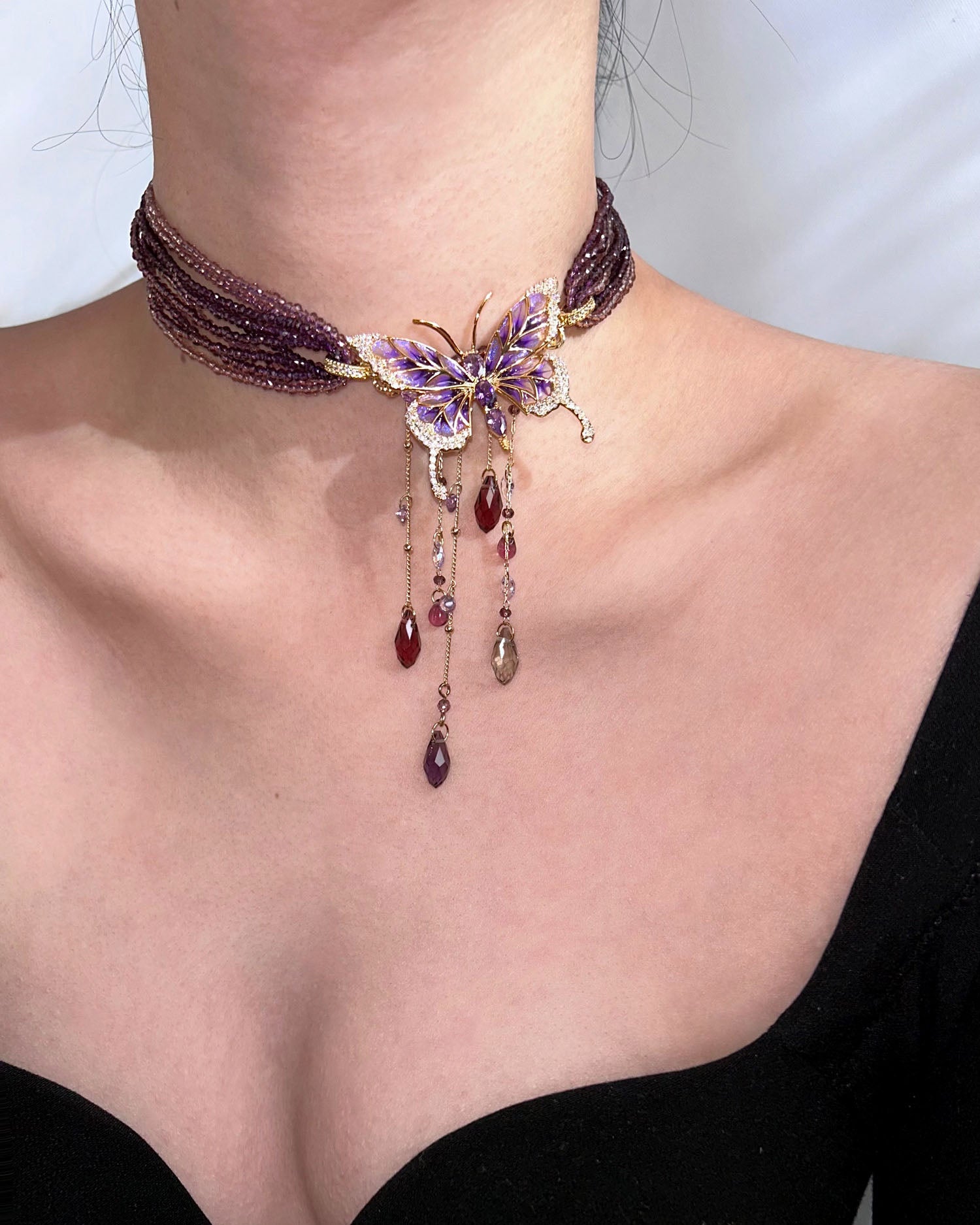 Purple Beaded Butterfly Crystal Tassel Choker Necklace