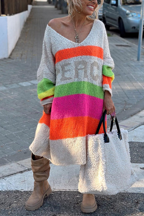 V Neck Letter Pattern Stripes Midi Sweater Dress