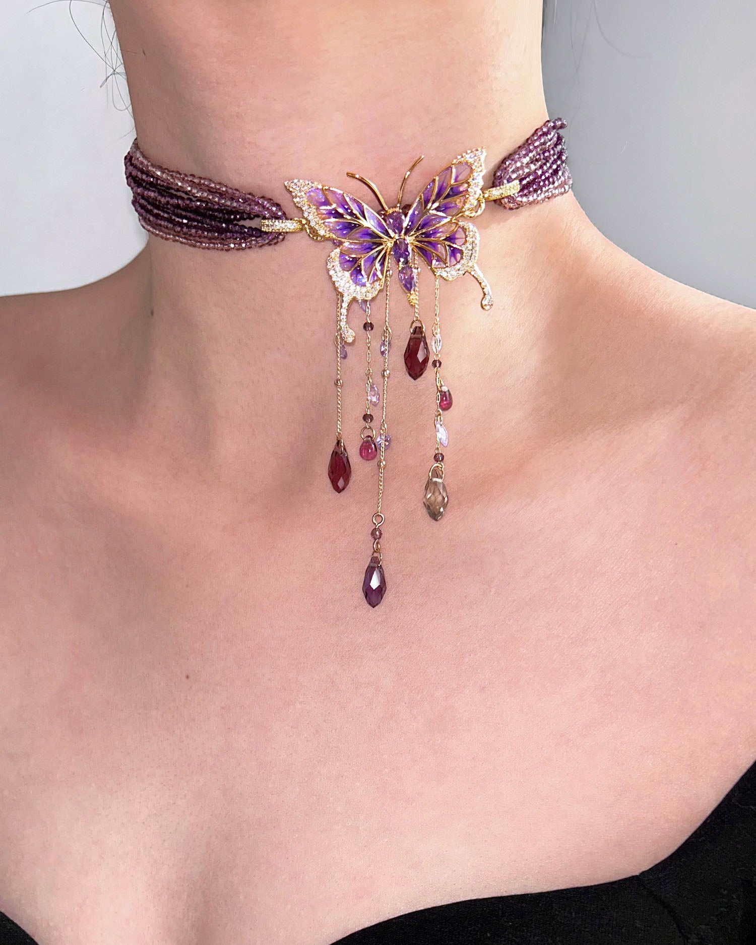 Purple Beaded Butterfly Crystal Tassel Choker Necklace