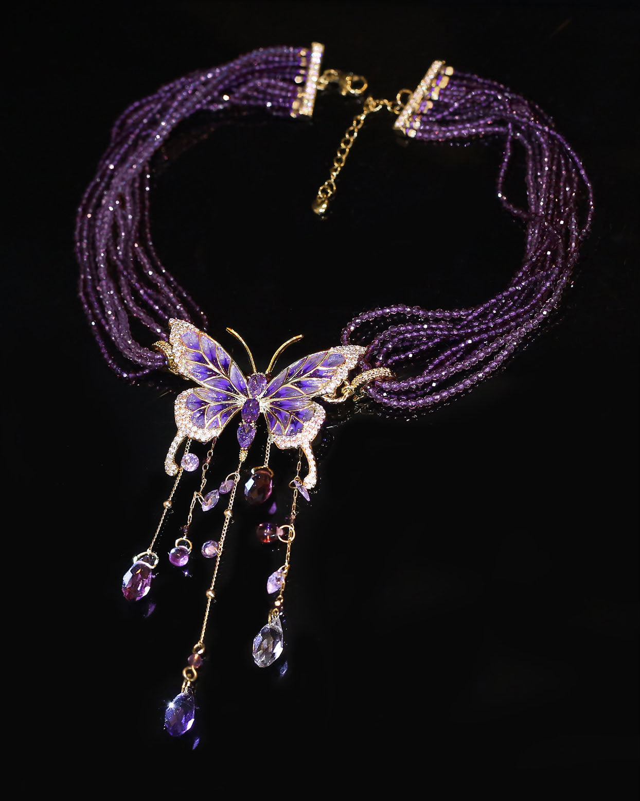 Purple Beaded Butterfly Crystal Tassel Choker Necklace