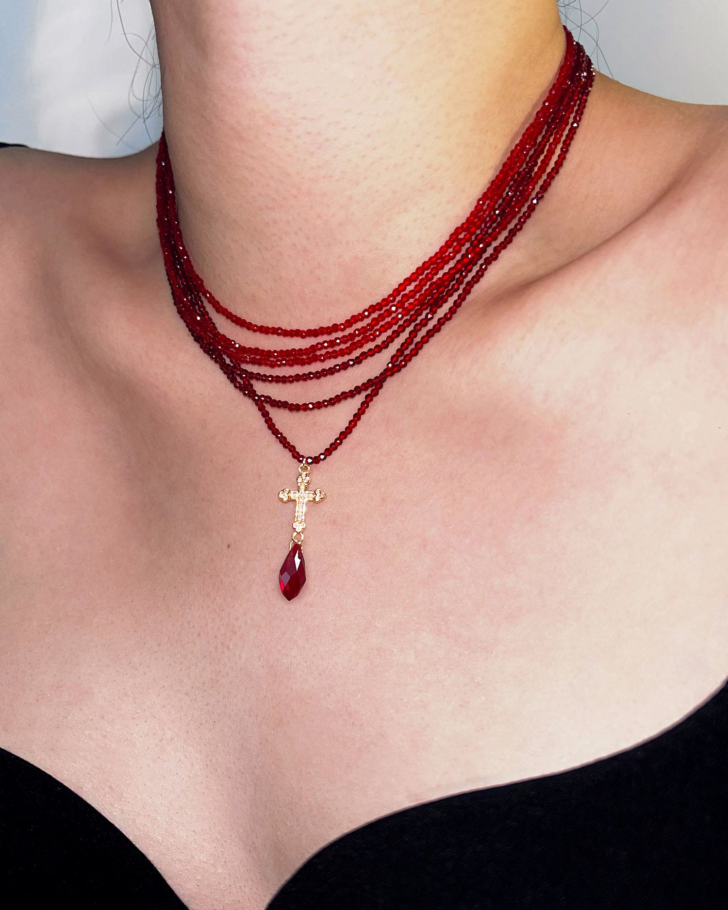 Multi Strand Red Bead Cross Teardrop Crystal Choker Necklace