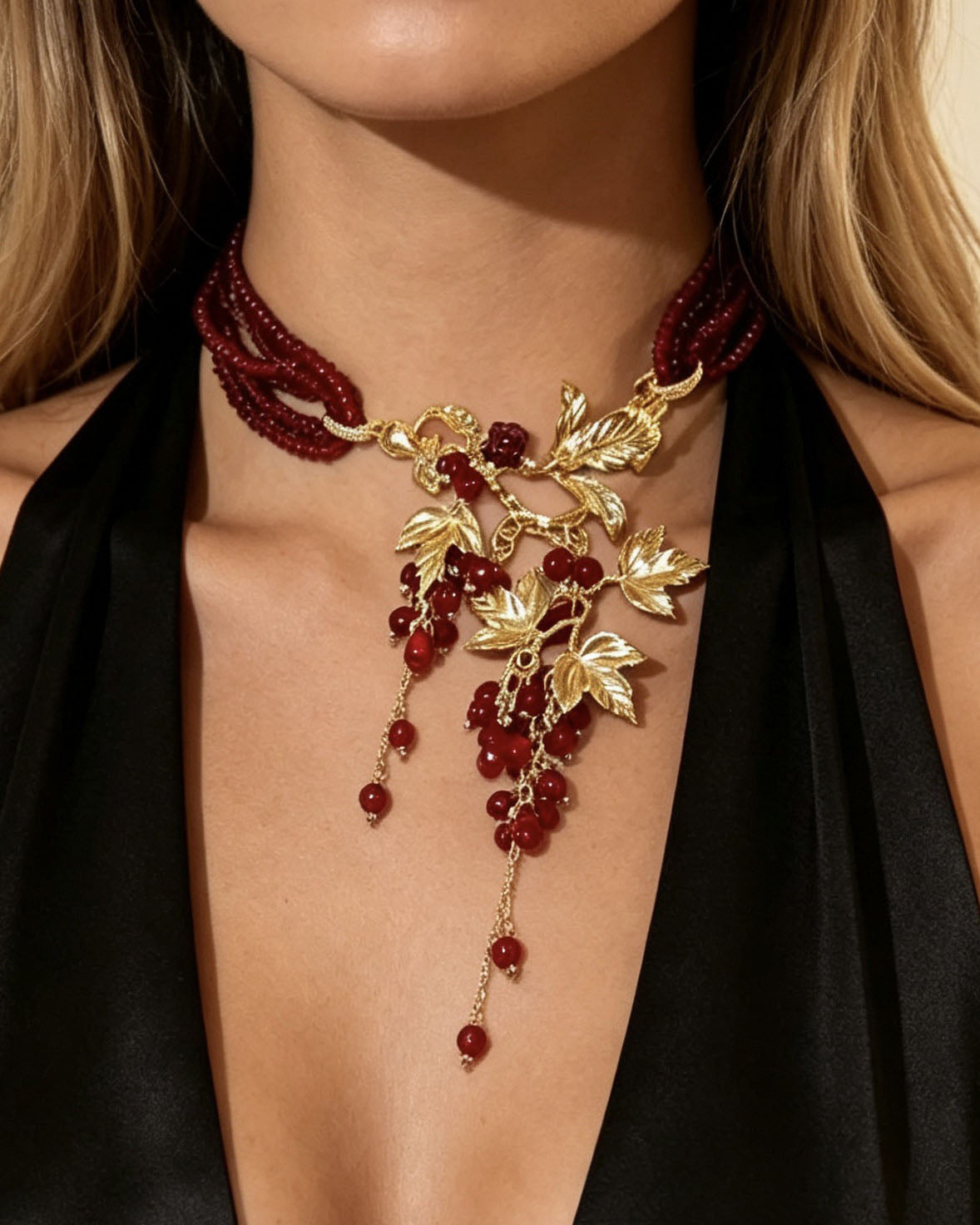 Beaded Gold Grape Leaf Tassel Choker Necklace