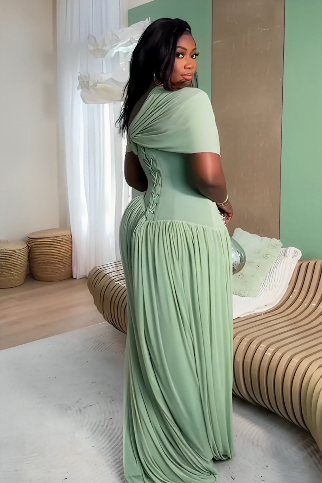 Elara Mint Whisper Ruched Maxi Gown