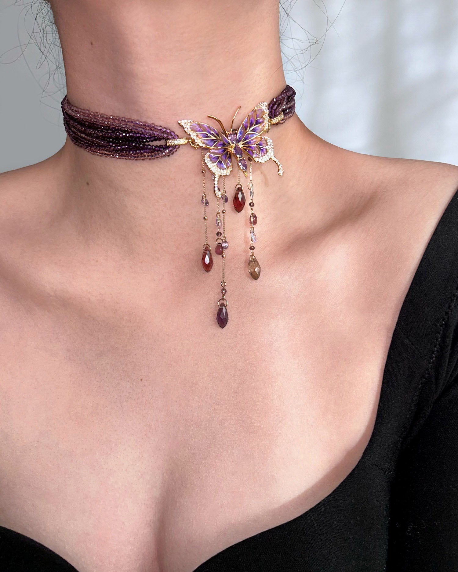 Purple Beaded Butterfly Crystal Tassel Choker Necklace