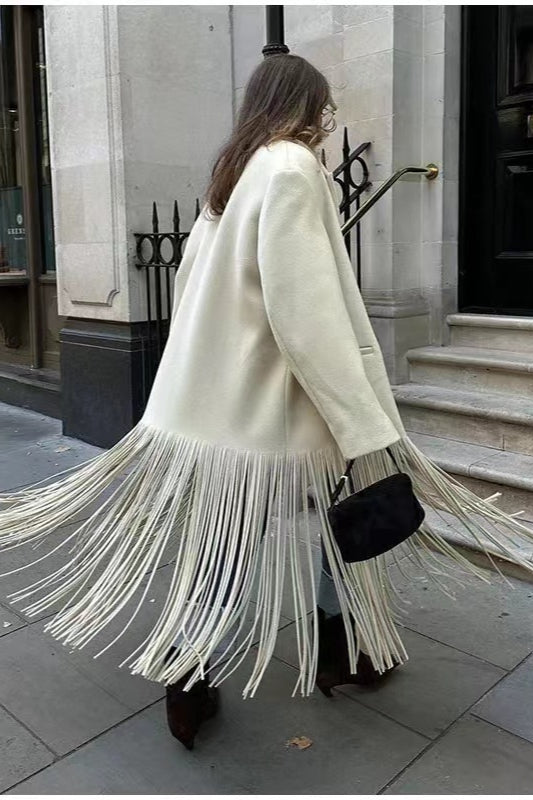 Solid Color Fringe Long Blazer Coat