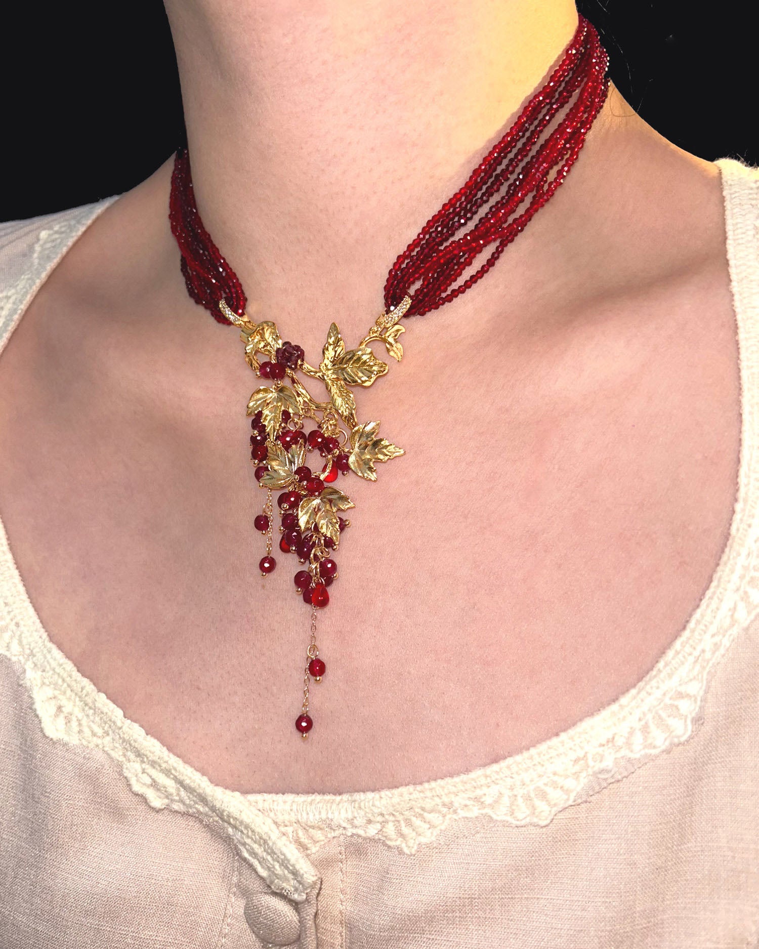 Beaded Gold Grape Leaf Tassel Choker Necklace
