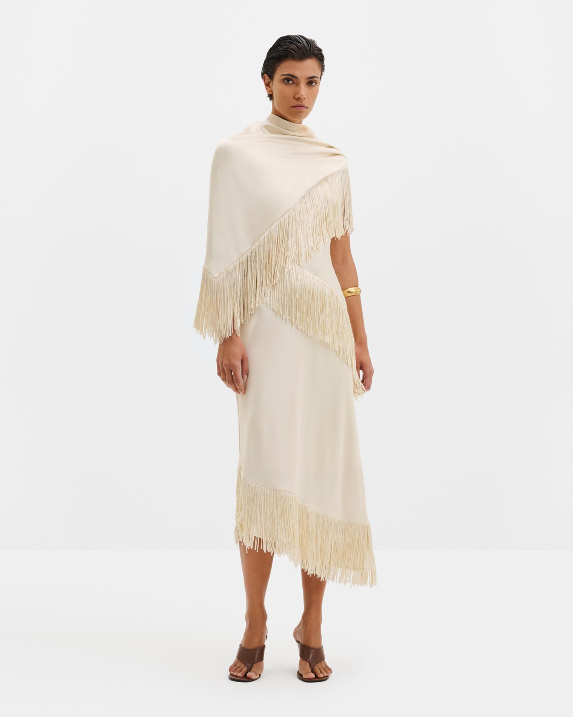 Asymmetric Sleeveless Fringe Details Midi Dress