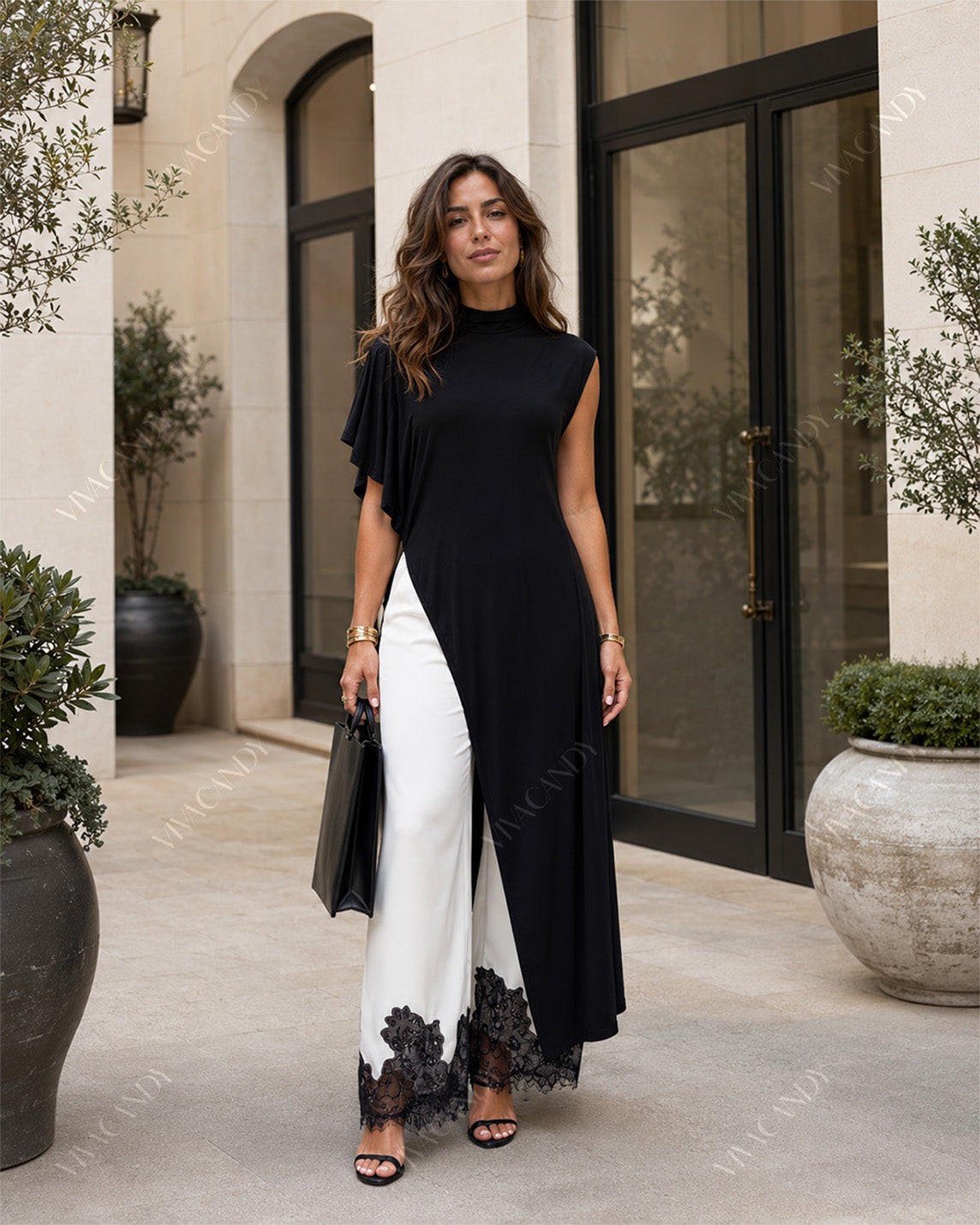 Alina Asymmetric Tunic & Lace-Trim Trouser Set