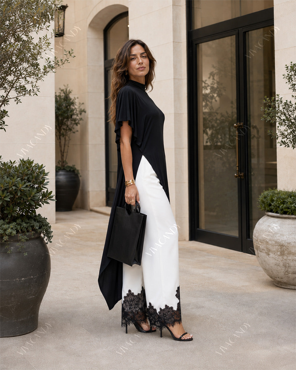 Alina Asymmetric Tunic & Lace-Trim Trouser Set