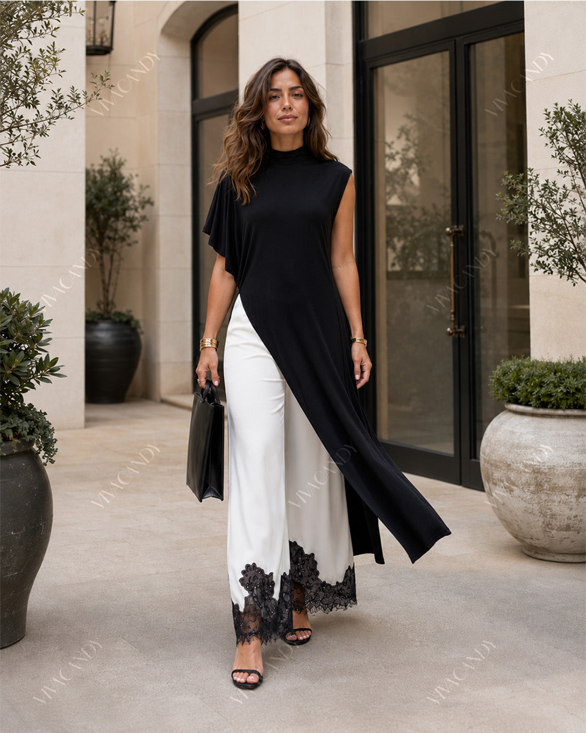 Alina Asymmetric Tunic & Lace-Trim Trouser Set