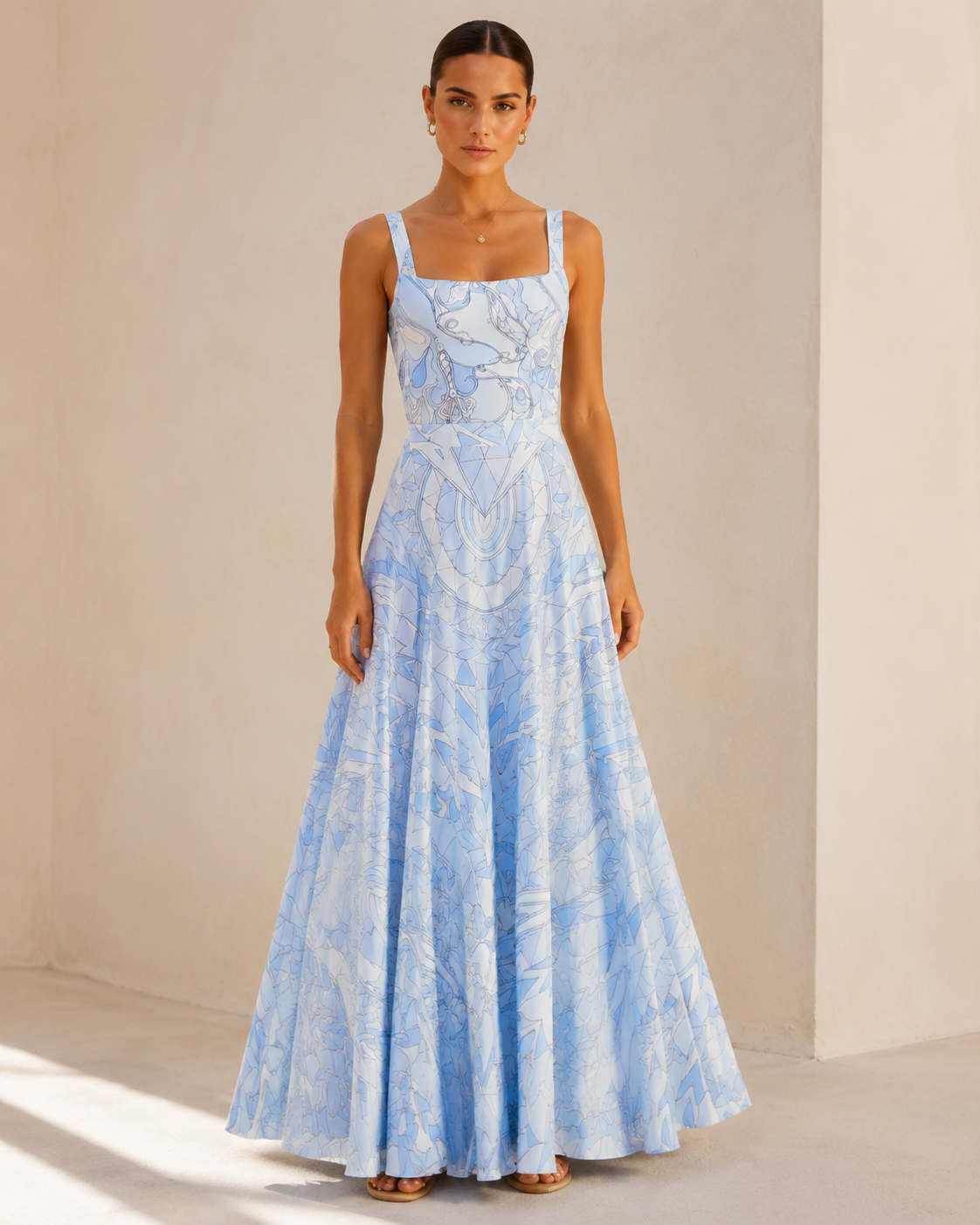 Azure Mirage Printed Bodysuit & Maxi Skirt Set