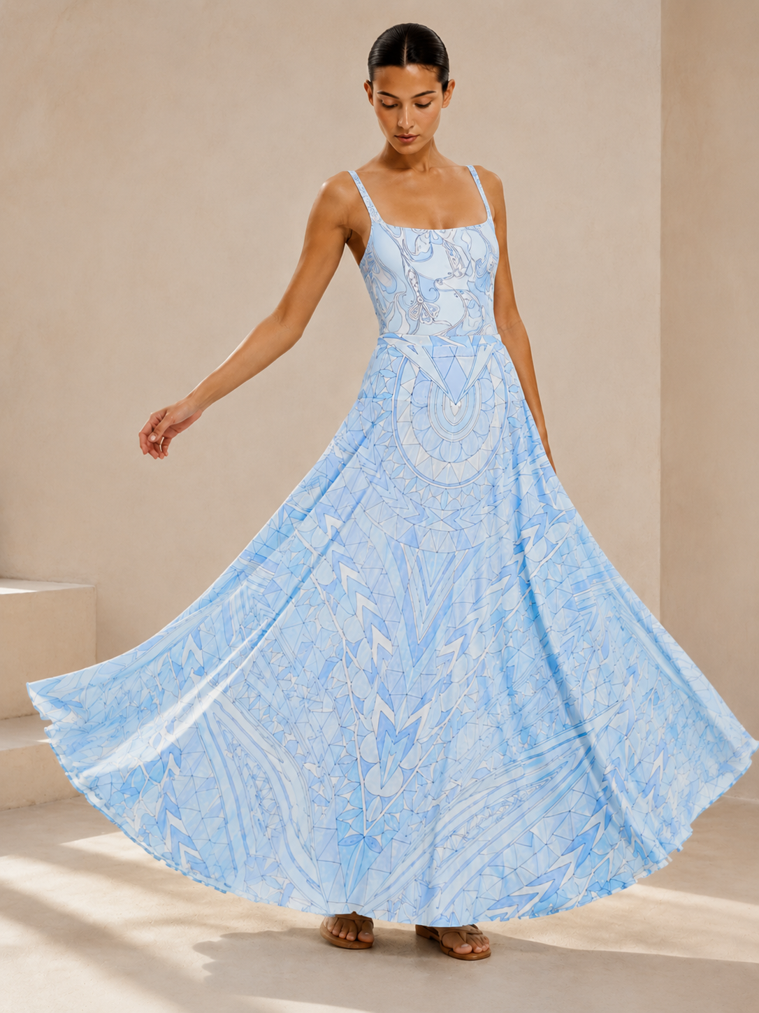 Azure Mirage Printed Bodysuit & Maxi Skirt Set