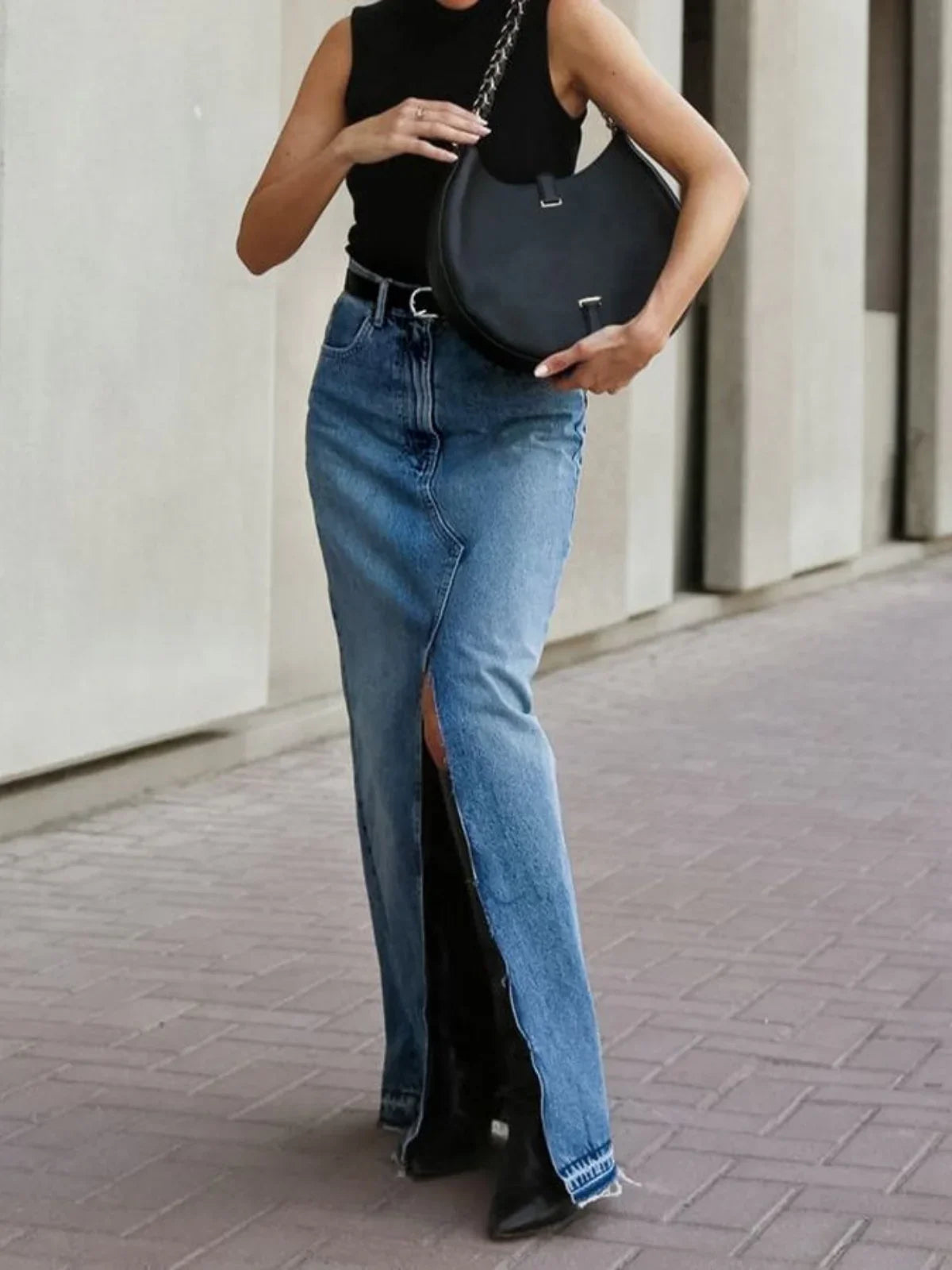 Casual Front Slit Denim Maxi Skirt