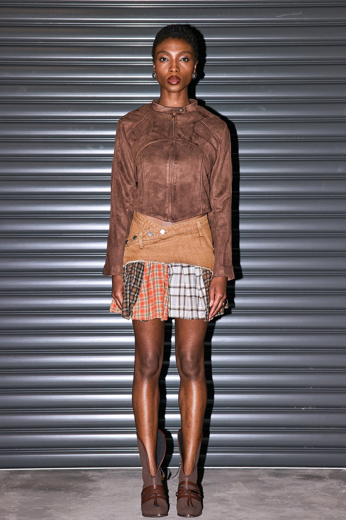 Divya Grid Ruffle Fringe Short Skirt