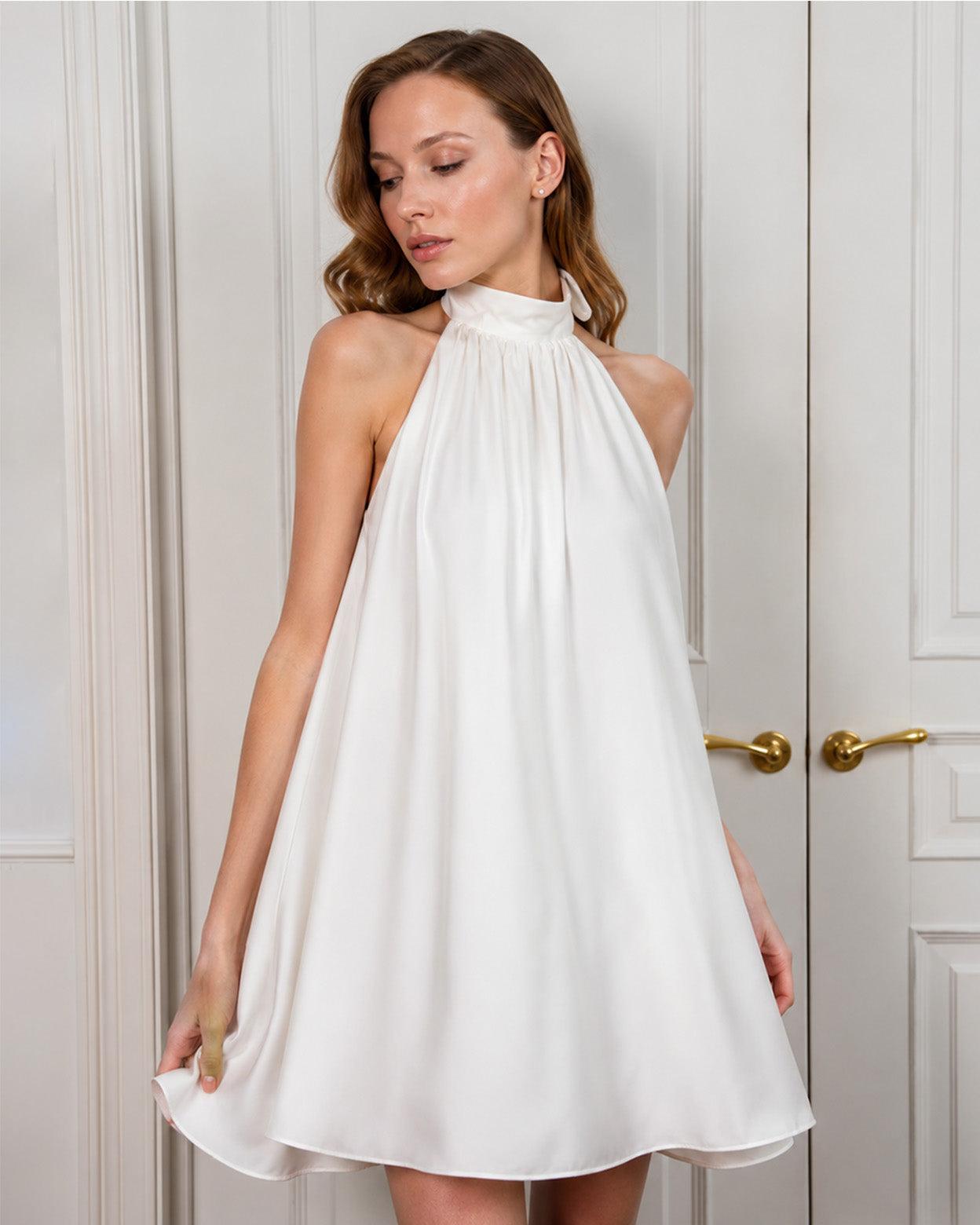Elara White Halter Mini Dress