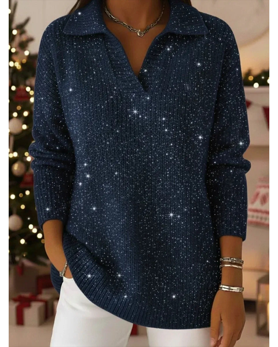 Polo Collar Shiny Loose Sweater Top