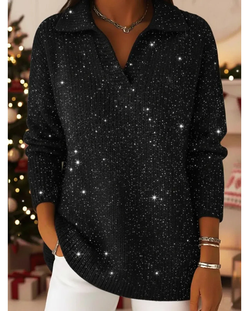 Polo Collar Shiny Loose Sweater Top