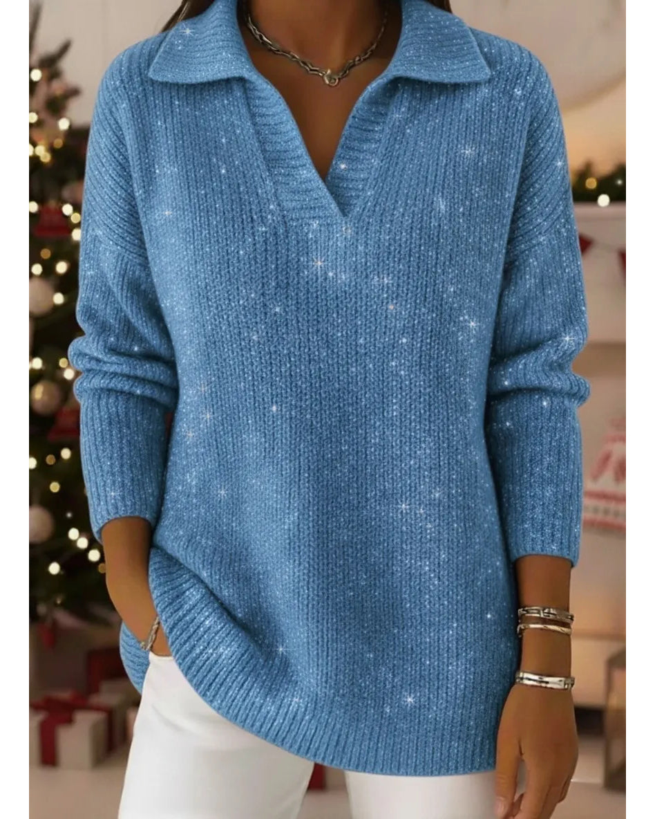 Polo Collar Shiny Loose Sweater Top