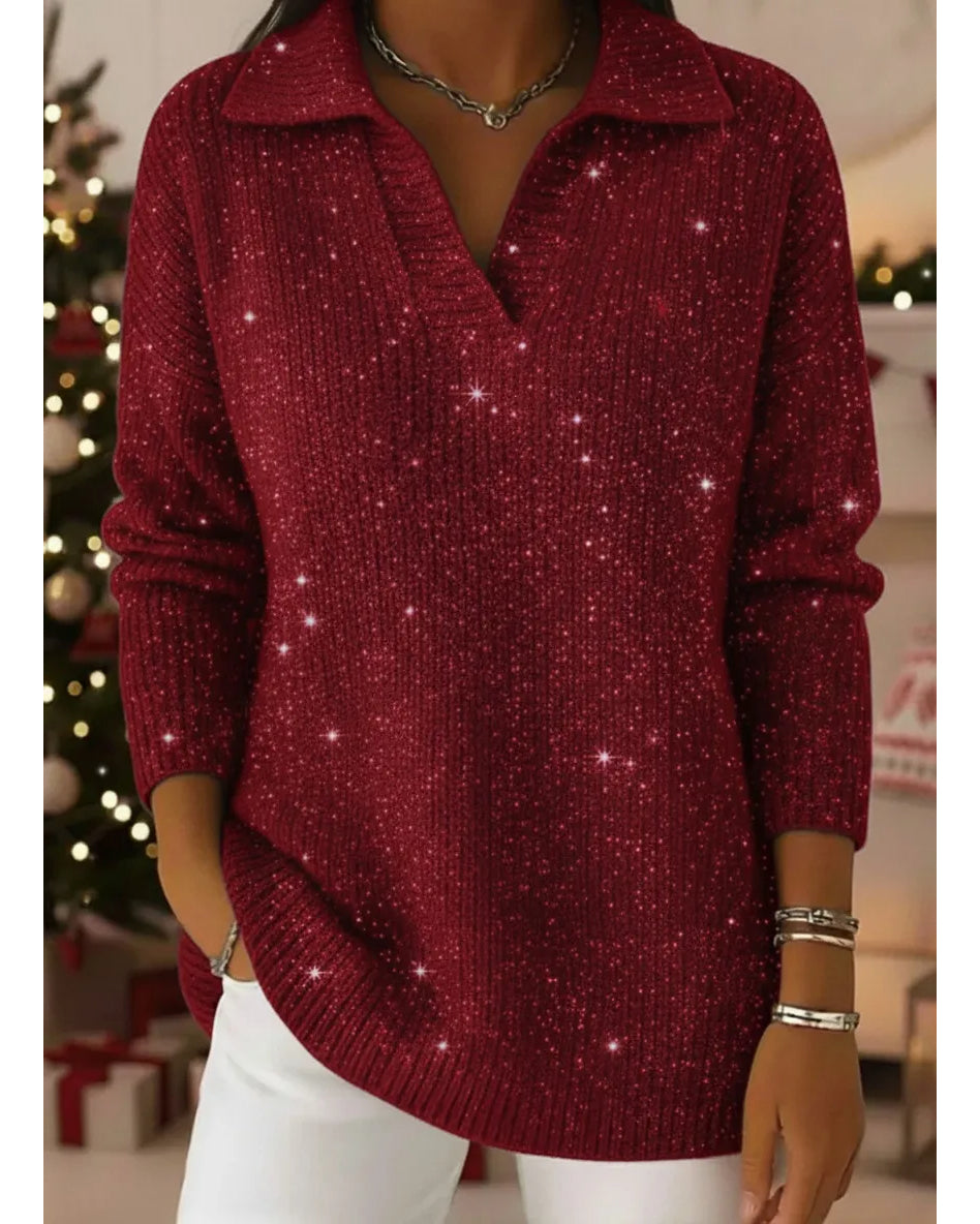 Polo Collar Shiny Loose Sweater Top