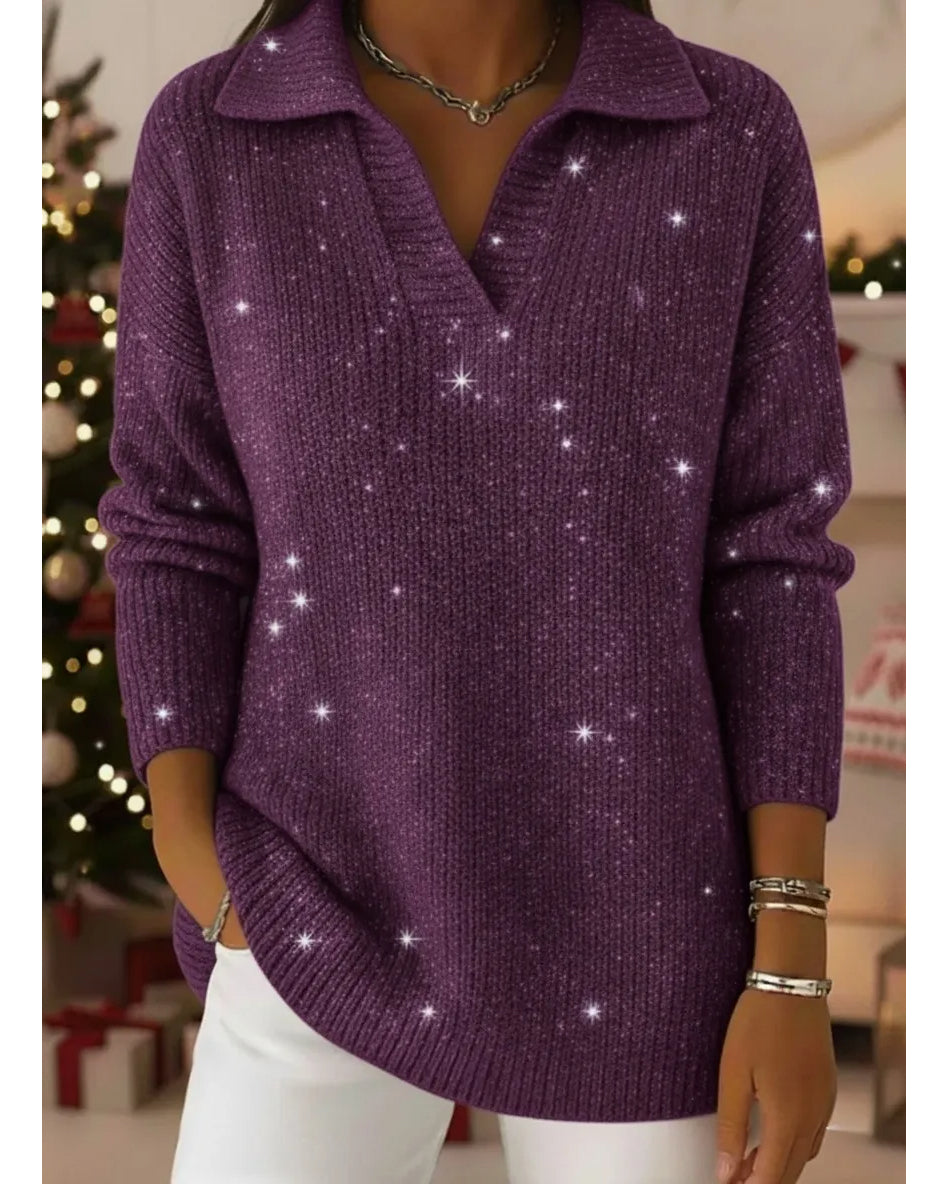 Polo Collar Shiny Loose Sweater Top