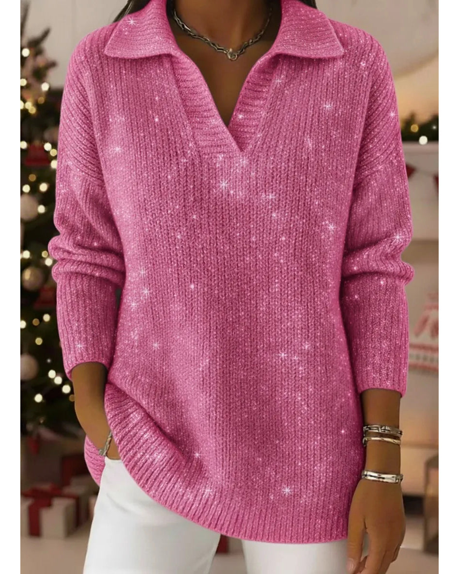 Polo Collar Shiny Loose Sweater Top