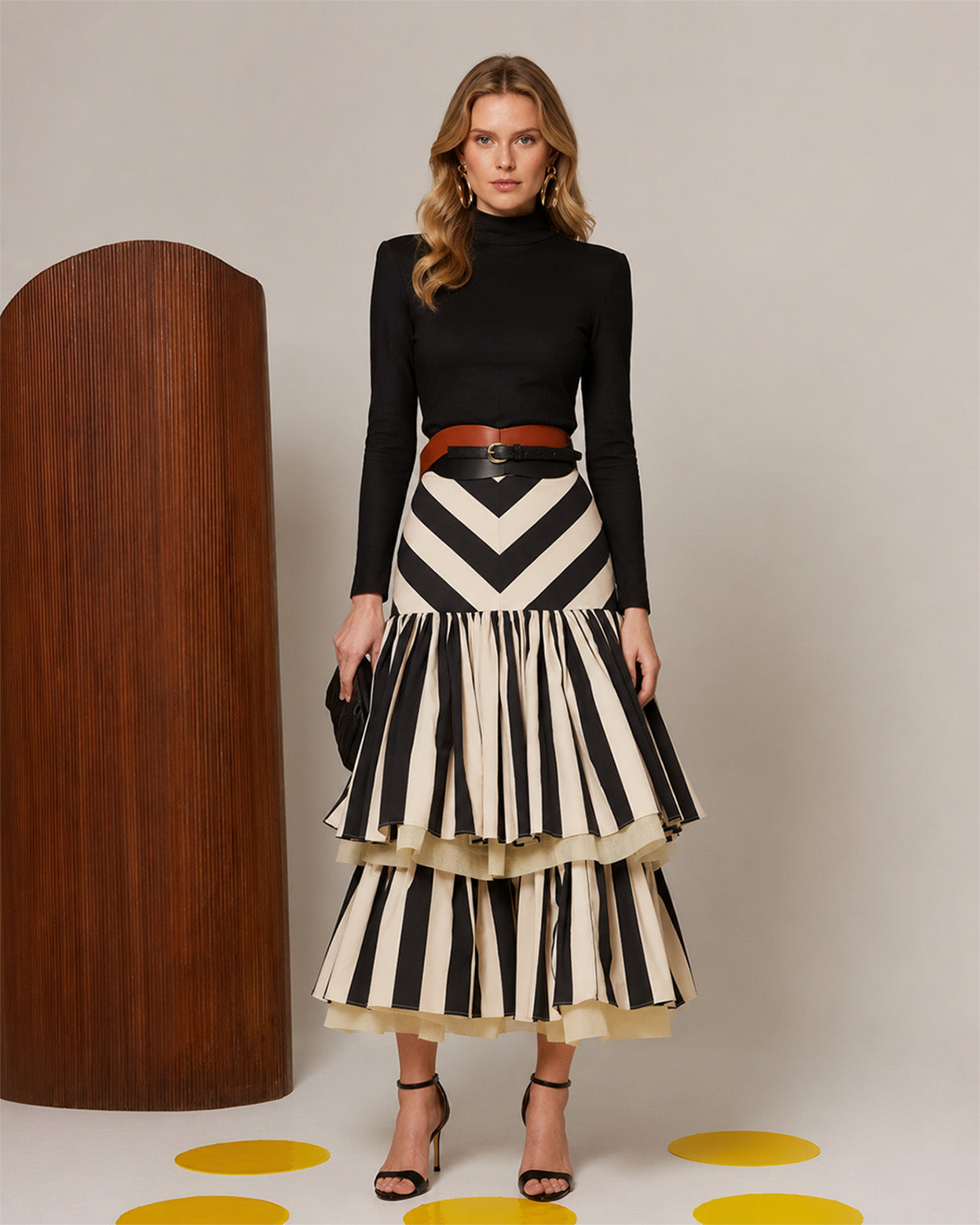 Noir Strata Contrast Pleated Tiered Midi Skirt