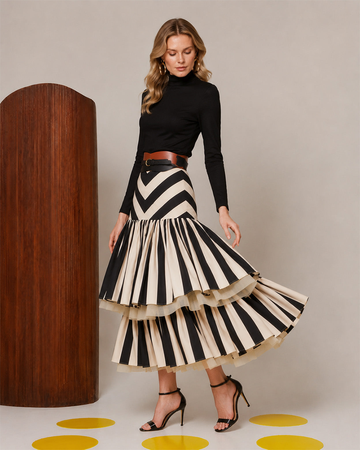 Noir Strata Contrast Pleated Tiered Midi Skirt