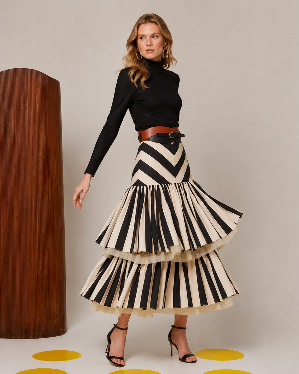 Noir Strata Contrast Pleated Tiered Midi Skirt