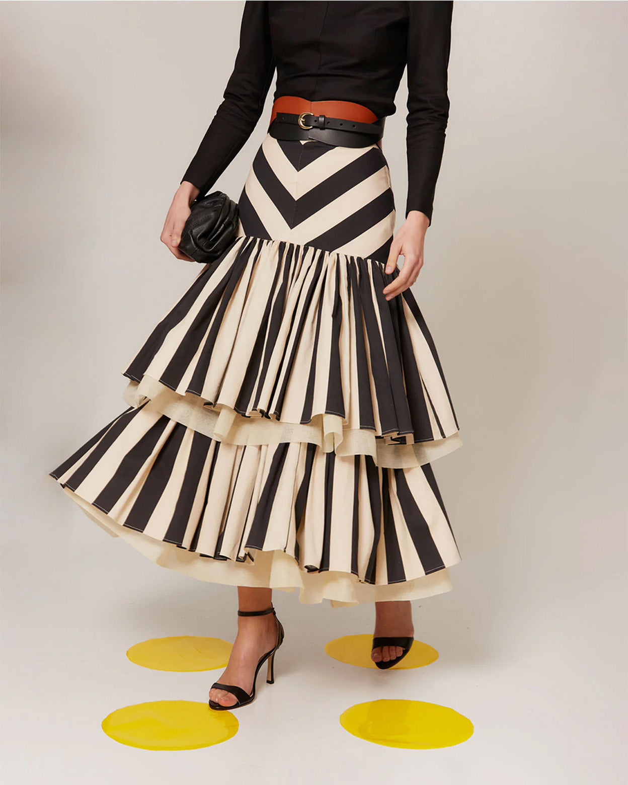 Noir Strata Contrast Pleated Tiered Midi Skirt