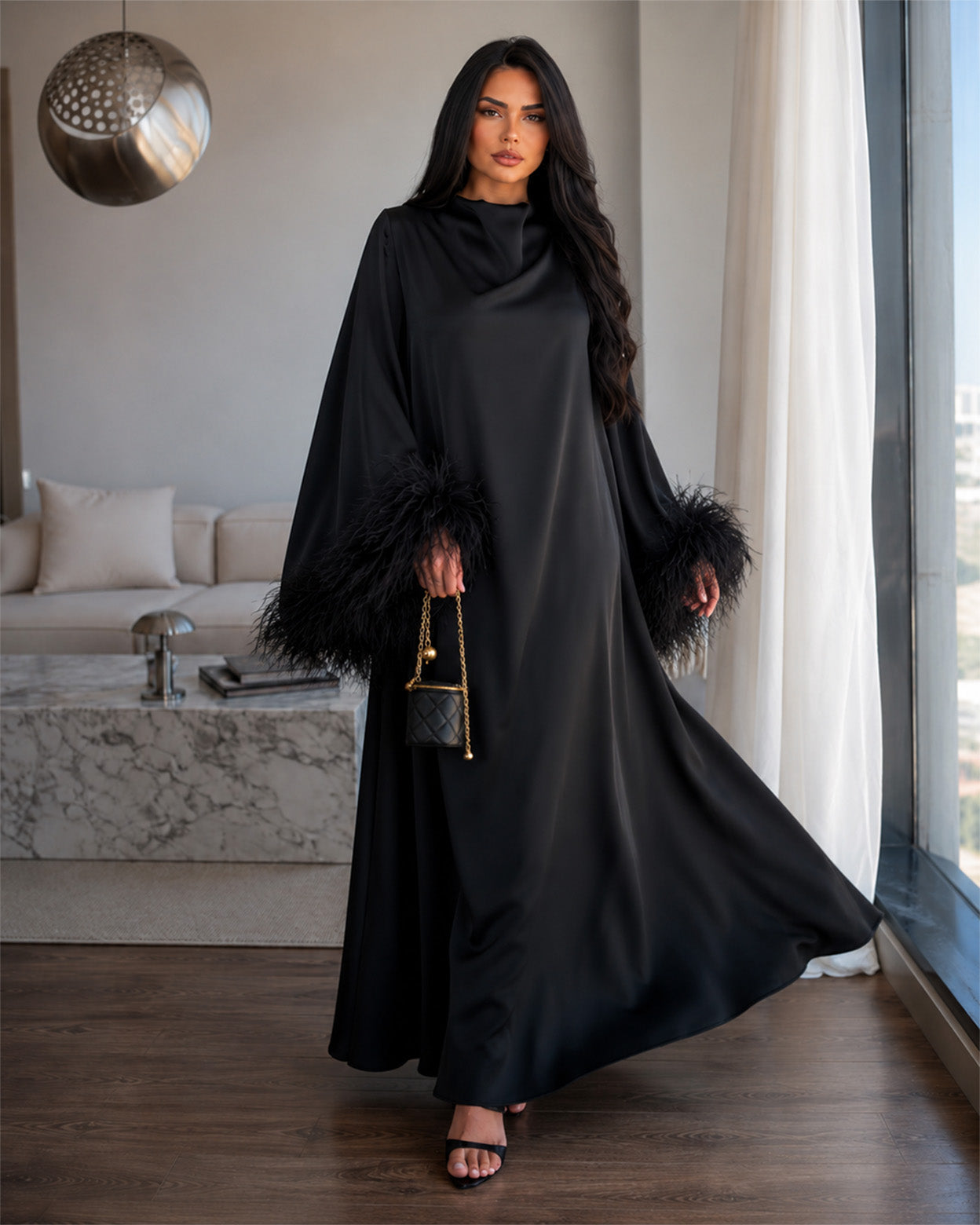 Ophelia Feather-Trim Satin Maxi Dress