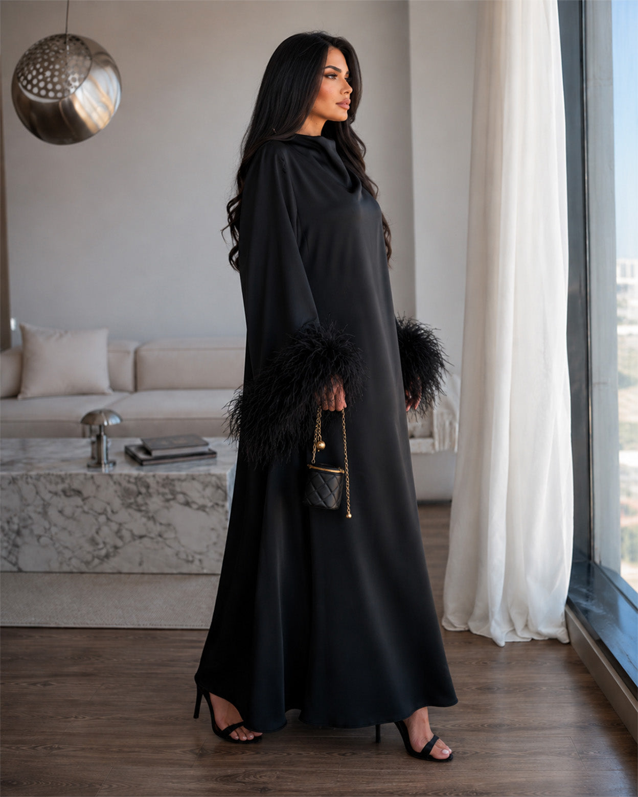 Ophelia Feather-Trim Satin Maxi Dress
