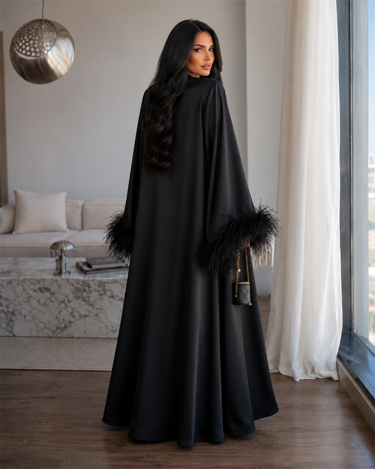 Ophelia Feather-Trim Satin Maxi Dress