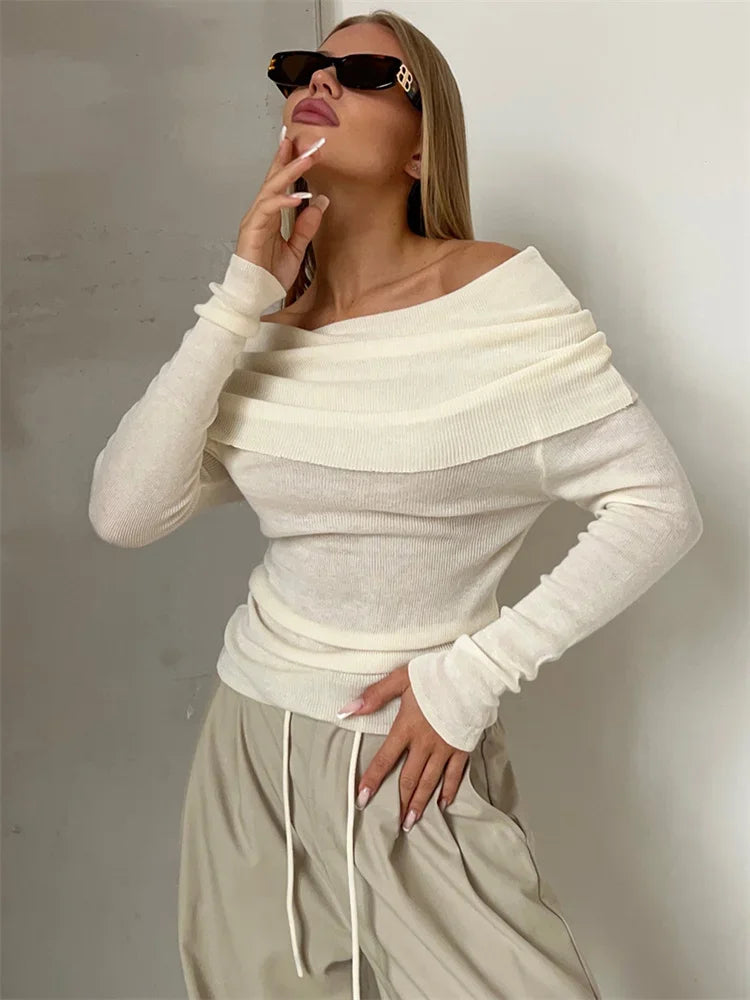 Off-Shoulder Sexy Knit Pullover Sweater For Women Mesh See-Through Long Sleeve Backless Y2k Top Fashion Knitwear Pullover