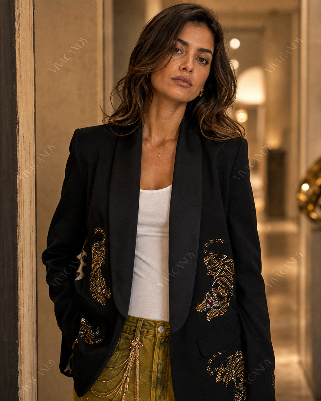 Valentina Rhinestone Tiger Embroidered Blazer Jacket