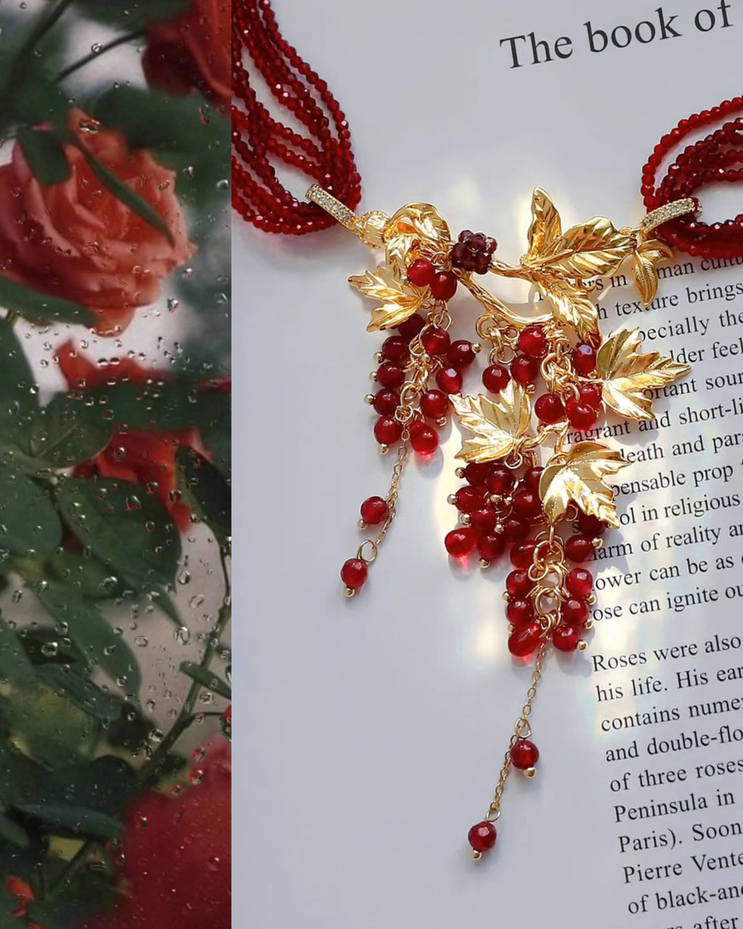 Beaded Gold Grape Leaf Tassel Choker Necklace