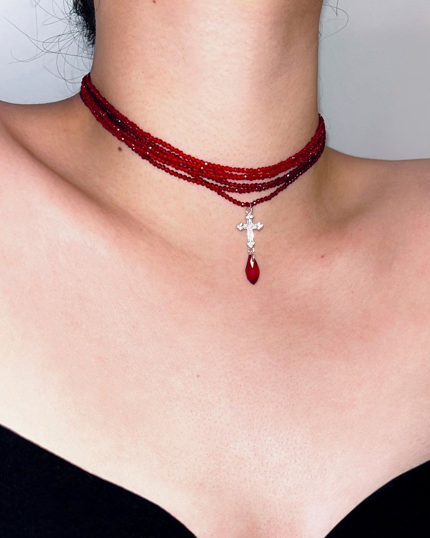 Multi Strand Red Bead Cross Teardrop Crystal Choker Necklace