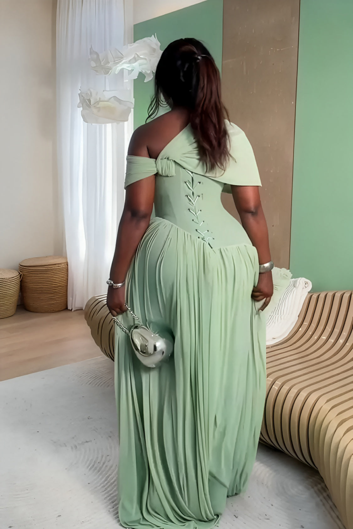 Elara Mint Whisper Ruched Maxi Gown