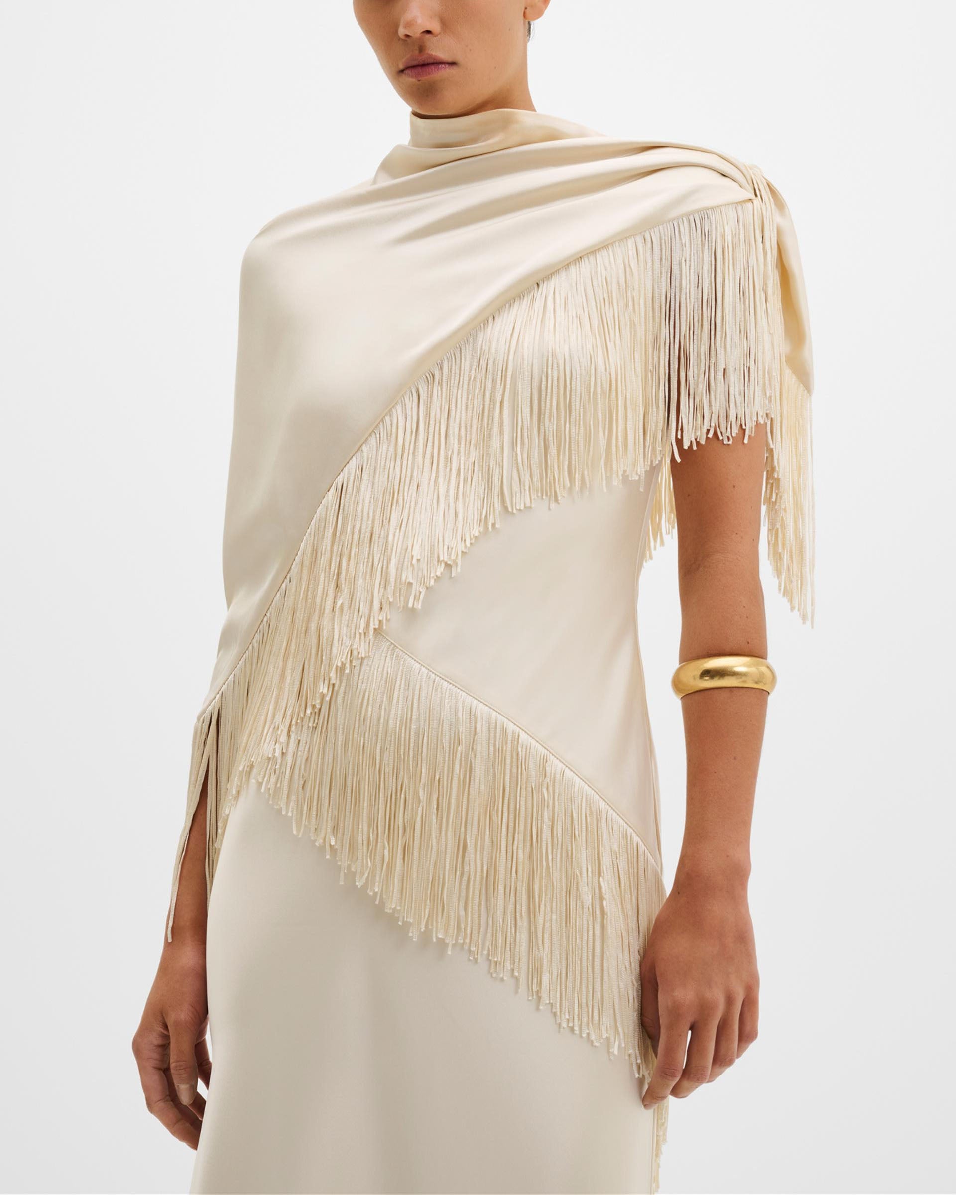 Fringe Detailing Triangle Satin Scarf
