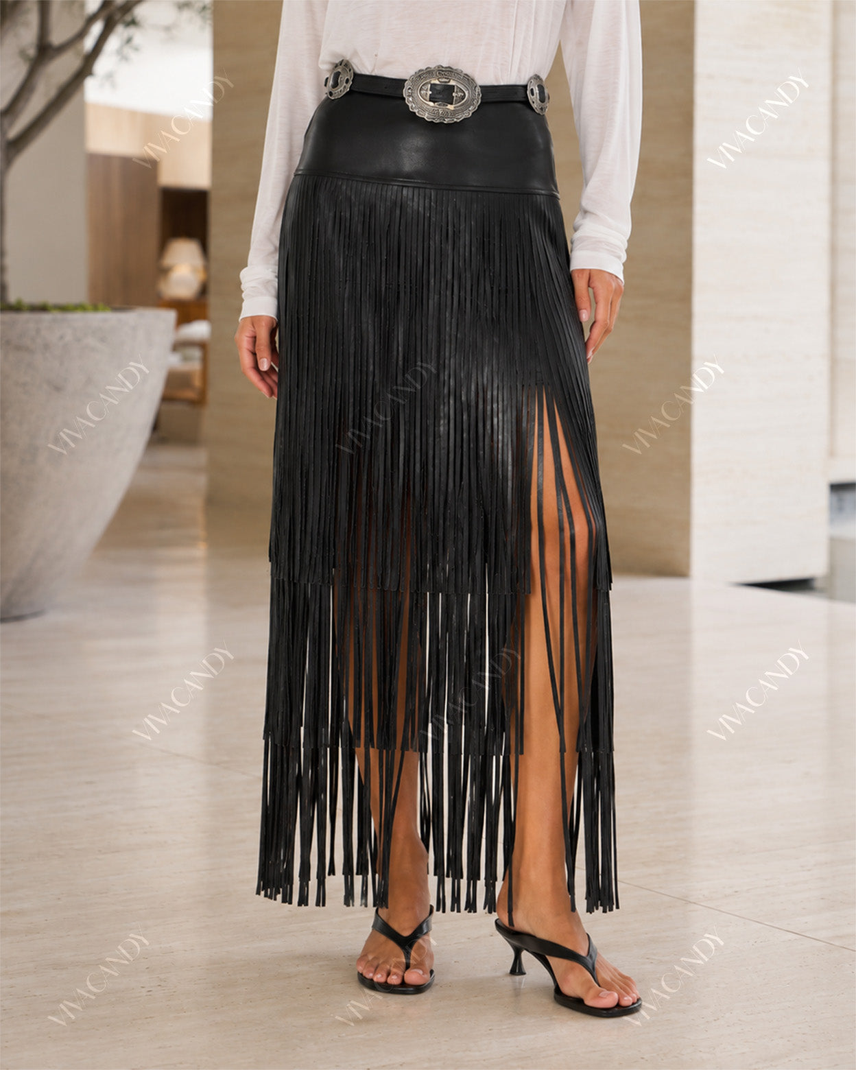 Vesper Faux Leather Fringe Midi Skirt